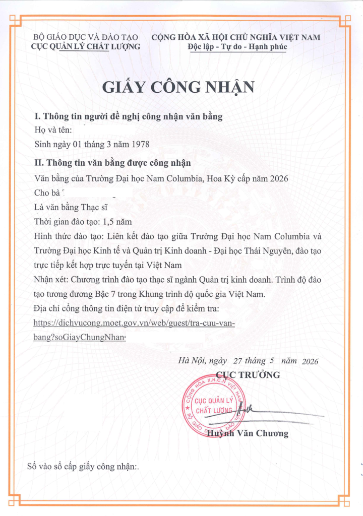 Giấy công nhận văn bằng Đại học Nam Columbia Southern University- Năm 2026